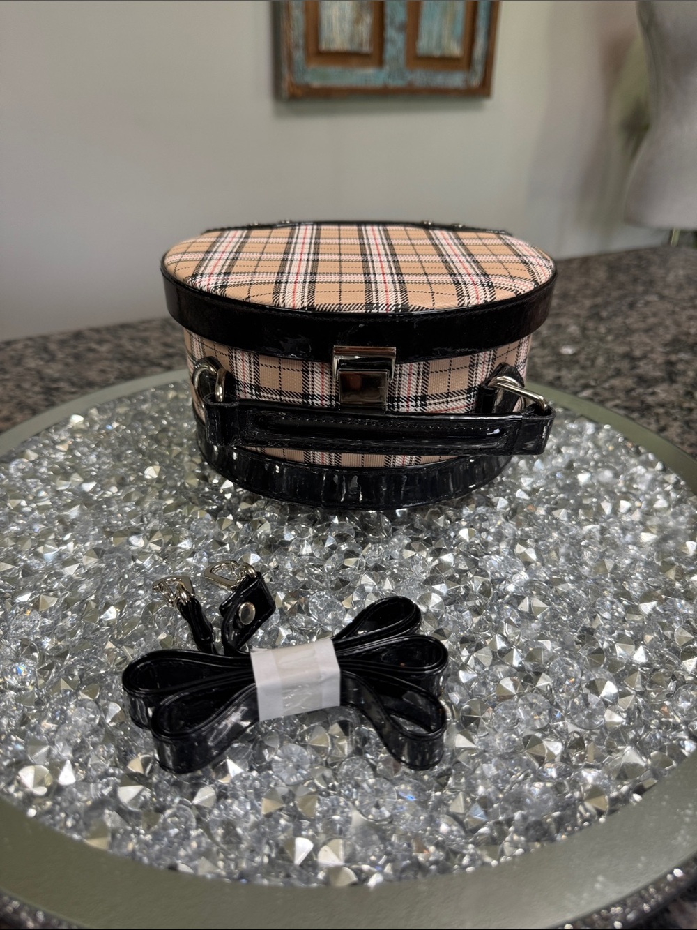 Tartan Plaid circular Shaped Crossbody Bag with Black Trim NWOT
